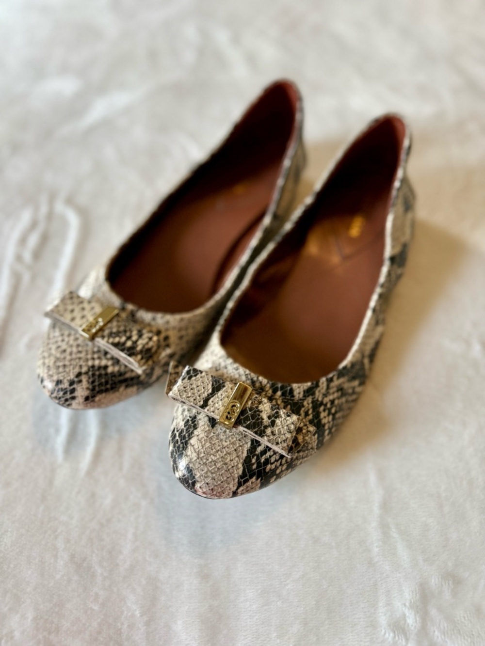 Cole Haan Ballet Flats Bow Detail Snake Print in Black and Cream 7.5